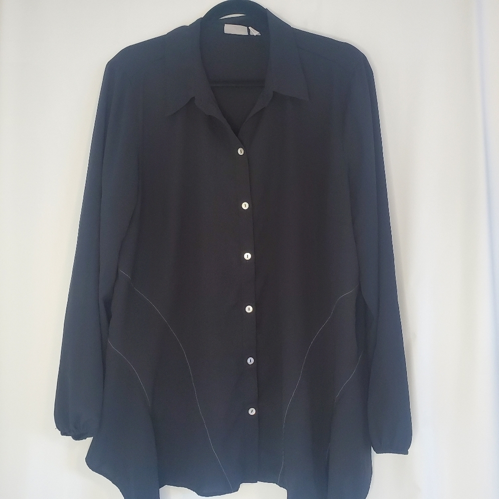 LOGO Women's Size L black lagonlook button front asymmetrical blouse